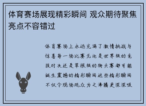 体育赛场展现精彩瞬间 观众期待聚焦亮点不容错过