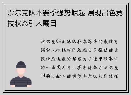 沙尔克队本赛季强势崛起 展现出色竞技状态引人瞩目