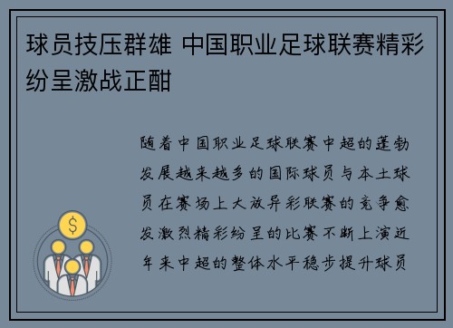 球员技压群雄 中国职业足球联赛精彩纷呈激战正酣